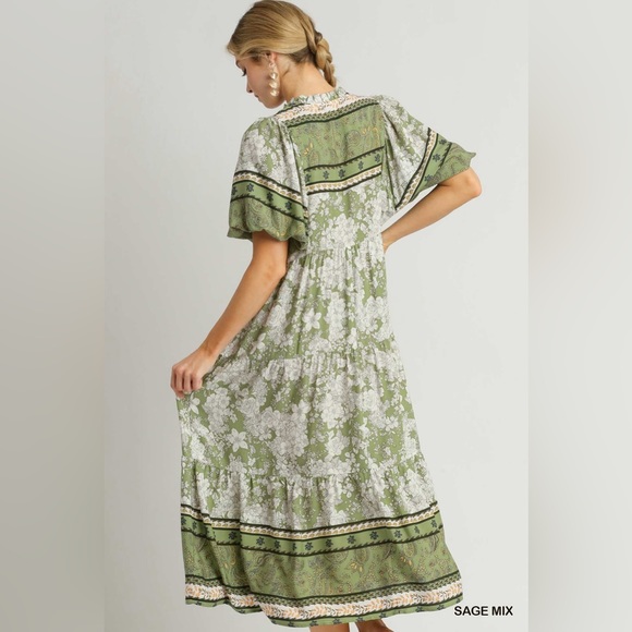 Umgee NWT Boutique Boho Hippy Floral Print Dress S - L SAGE greenBohemian Gypsy - Picture 5 of 10